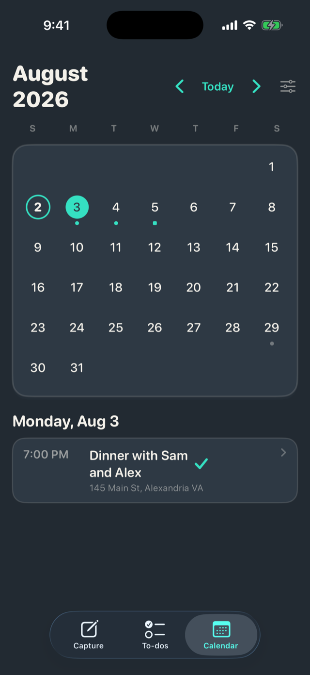 The in-app month calendar with events and due to-dos