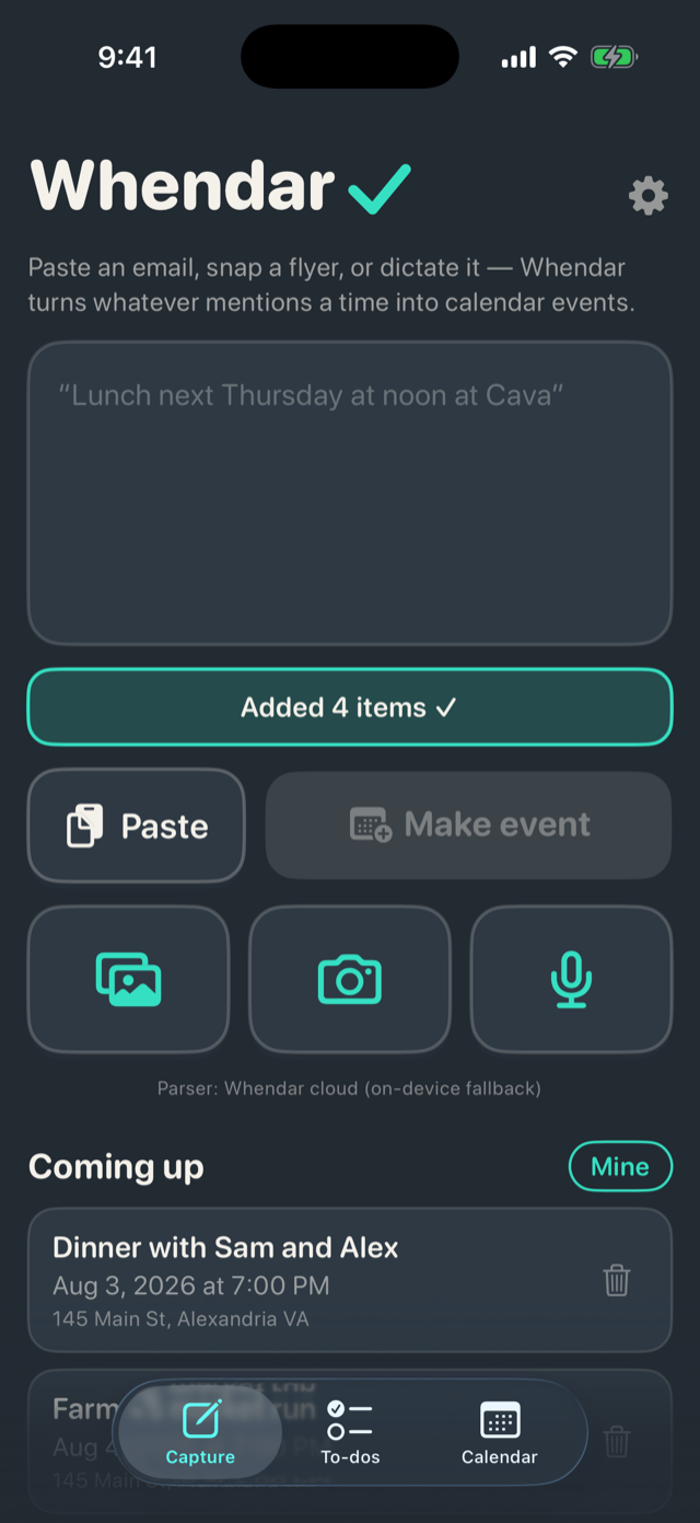 The capture screen with events just added and the upcoming list