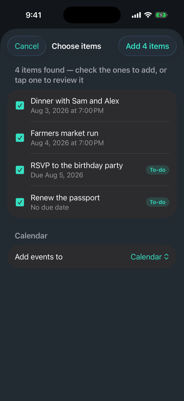 A capture parsed into a checklist of events and to-dos